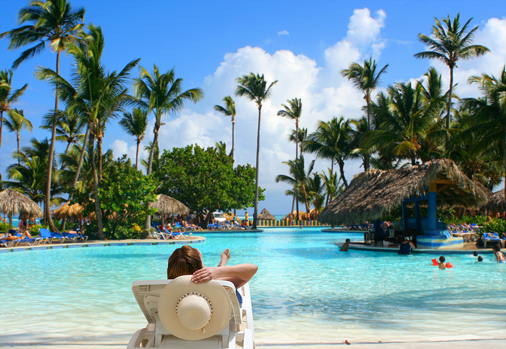 Tropical poolside bar on a sunny day