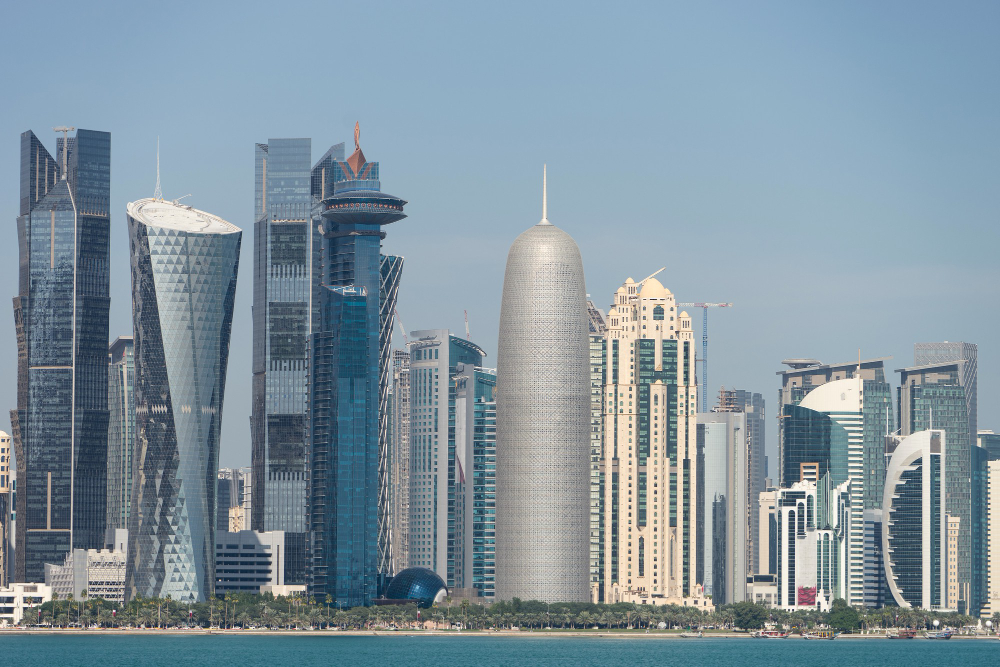 The Doha city centre skyline seen across the water in Qatar