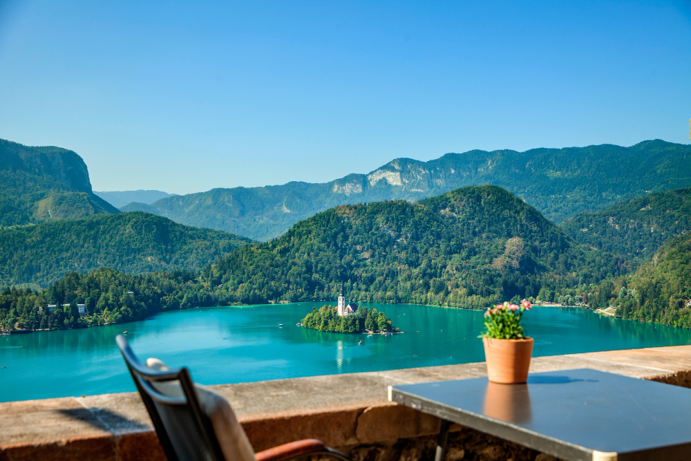 Lake Bled with its island church and the Julian Alps behind it, Slovenia