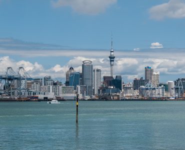 Auckland city skyline and Sky Tower seen from Devonport