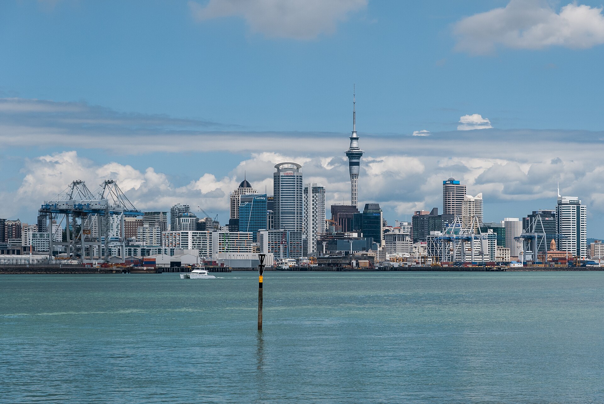 Auckland city skyline and Sky Tower seen from Devonport