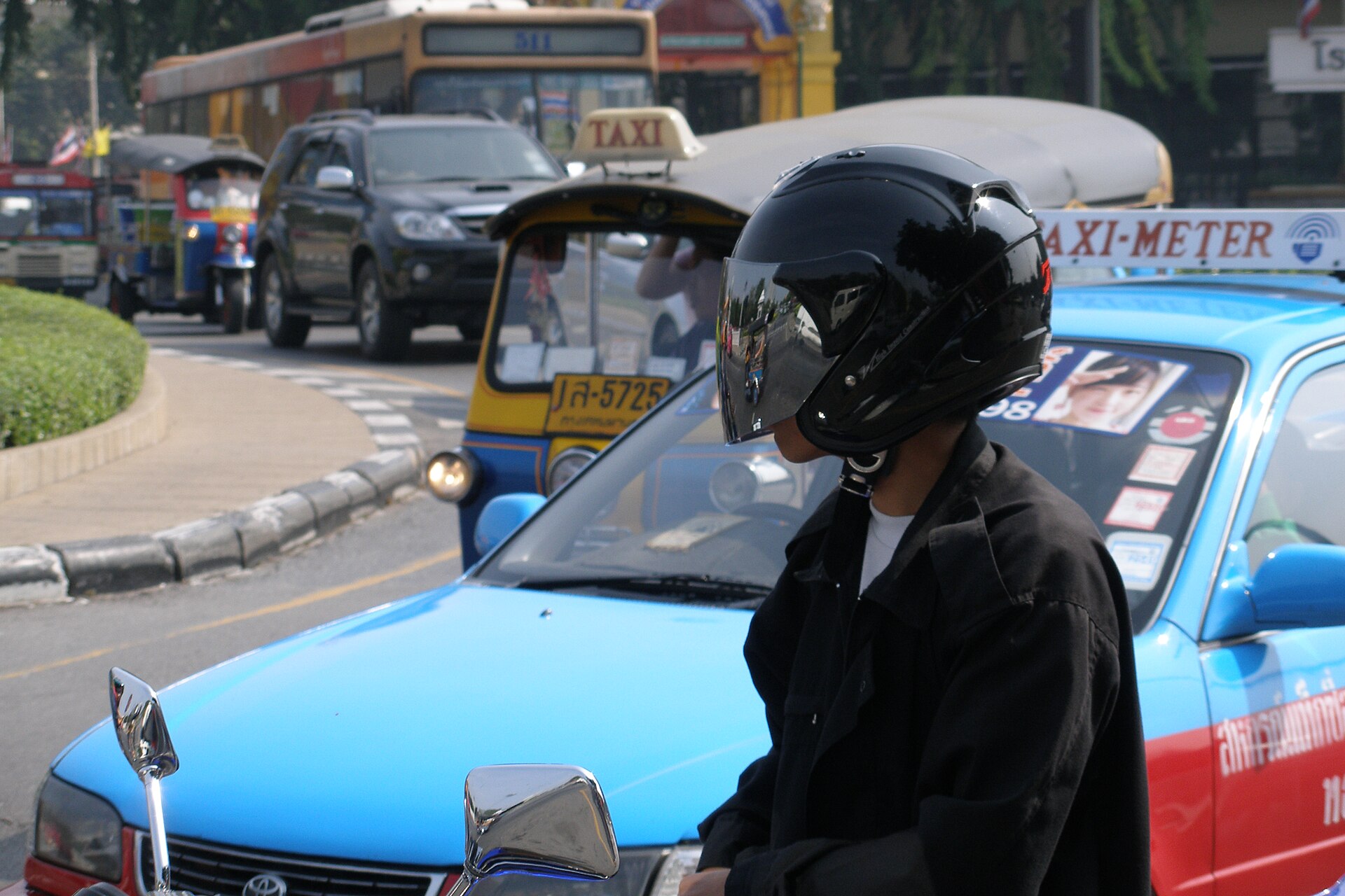 Heavy traffic on a central Bangkok road, where airport taxis can stall for an hour