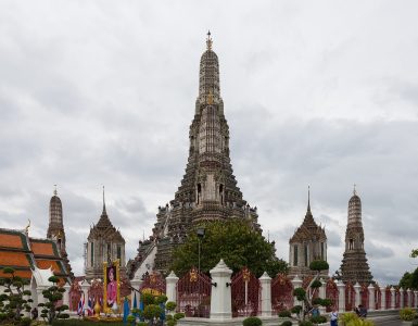 The porcelain-encrusted central prang of Wat Arun on the Thonburi bank of the Chao Phraya