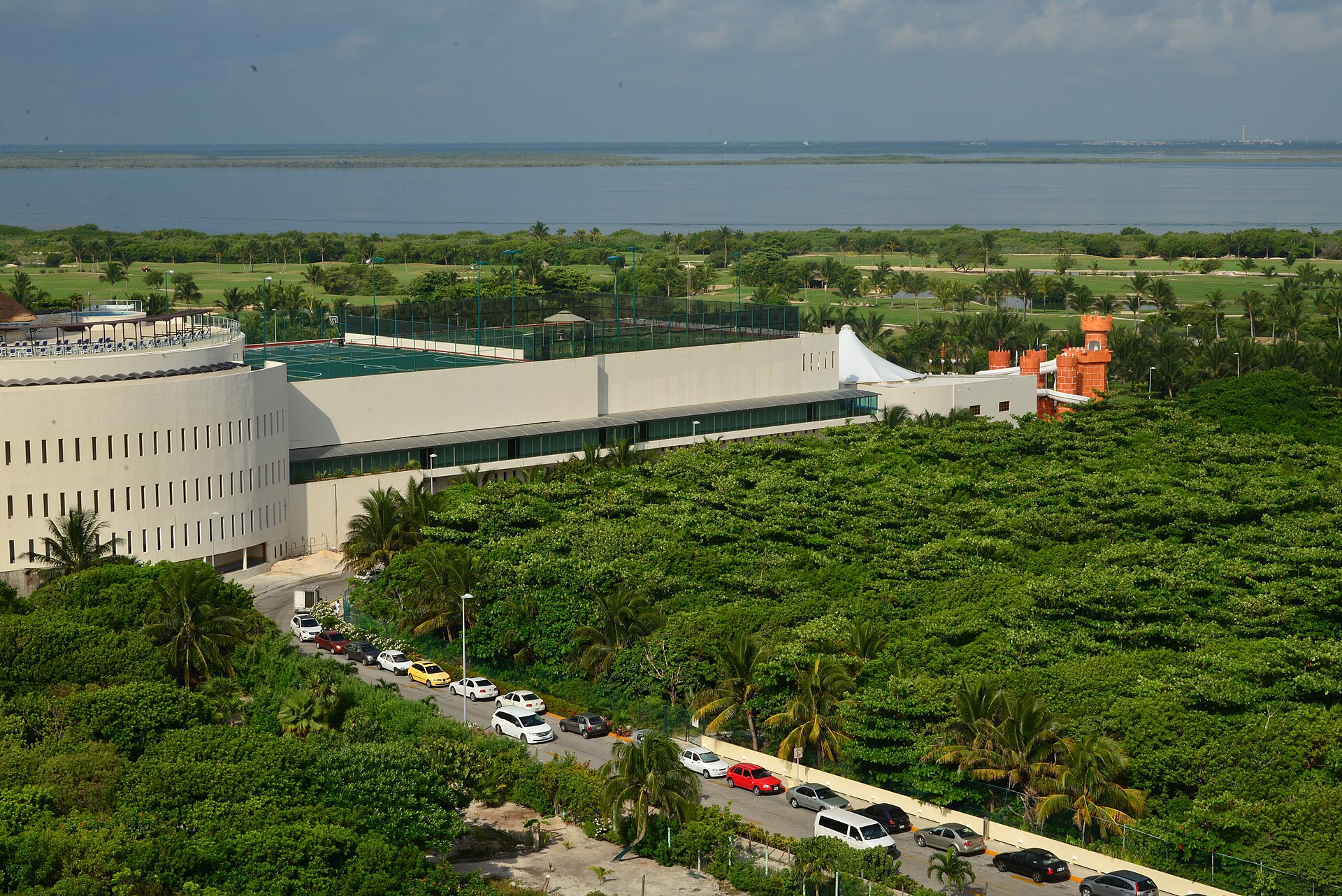 Hotels lining the lagoon side of the Cancun Hotel Zone