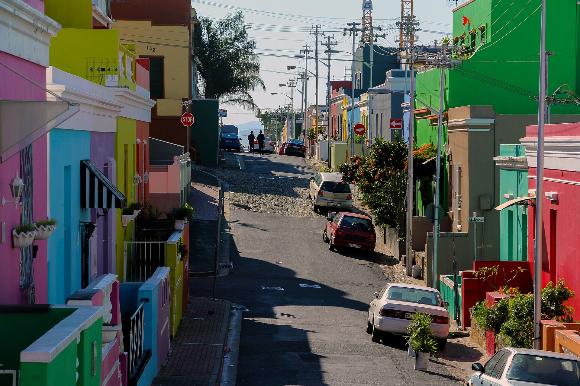 Brightly painted houses on a cobbled street in the Bo-Kaap, Cape Town