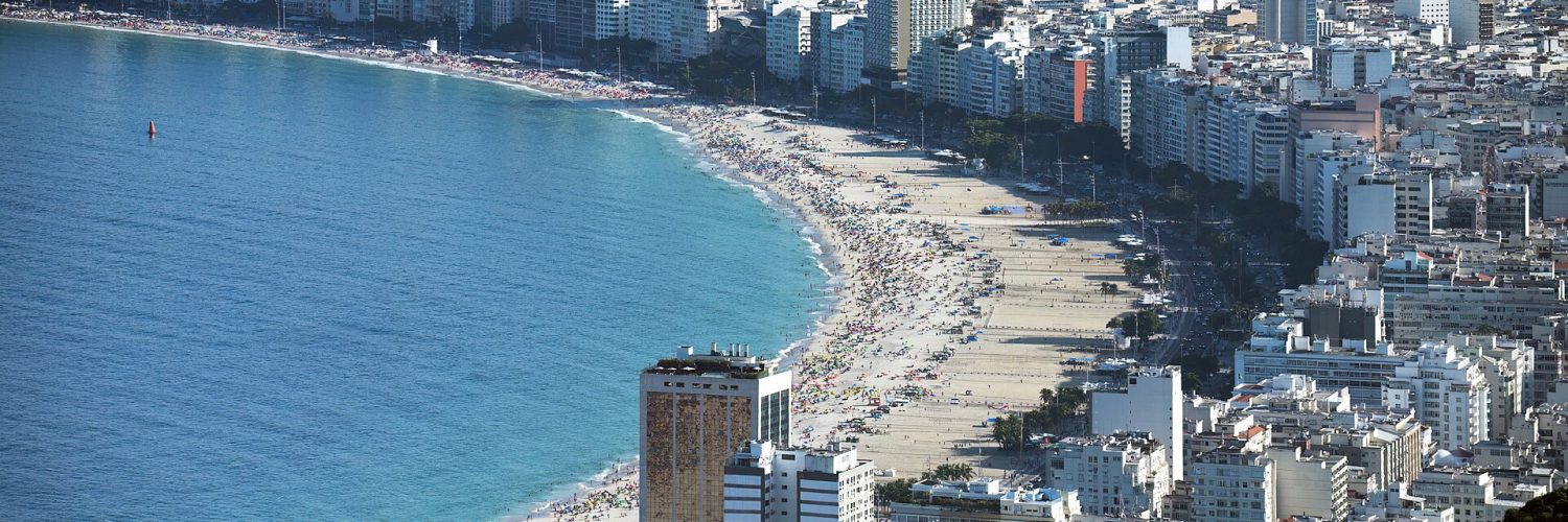 Copacabana beach and its curved avenue backed by apartment blocks in Rio de Janeiro