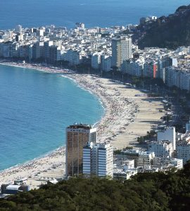 Copacabana beach and its curved avenue backed by apartment blocks in Rio de Janeiro