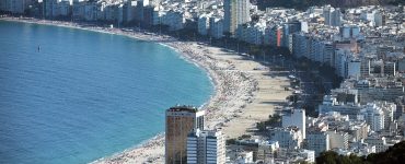 Copacabana beach and its curved avenue backed by apartment blocks in Rio de Janeiro