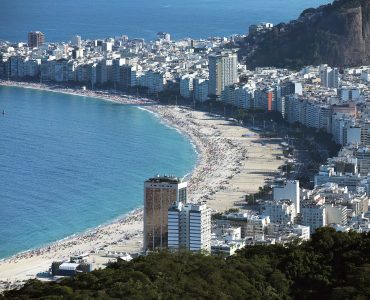 Copacabana beach and its curved avenue backed by apartment blocks in Rio de Janeiro