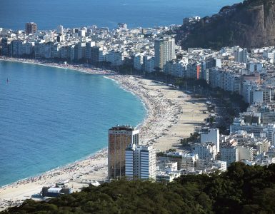 Copacabana beach and its curved avenue backed by apartment blocks in Rio de Janeiro