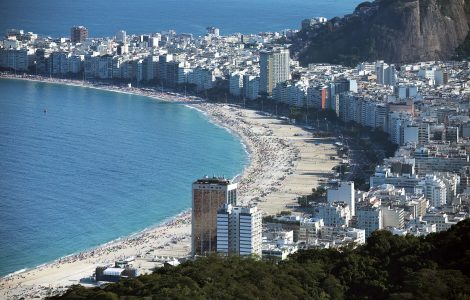 Copacabana beach and its curved avenue backed by apartment blocks in Rio de Janeiro