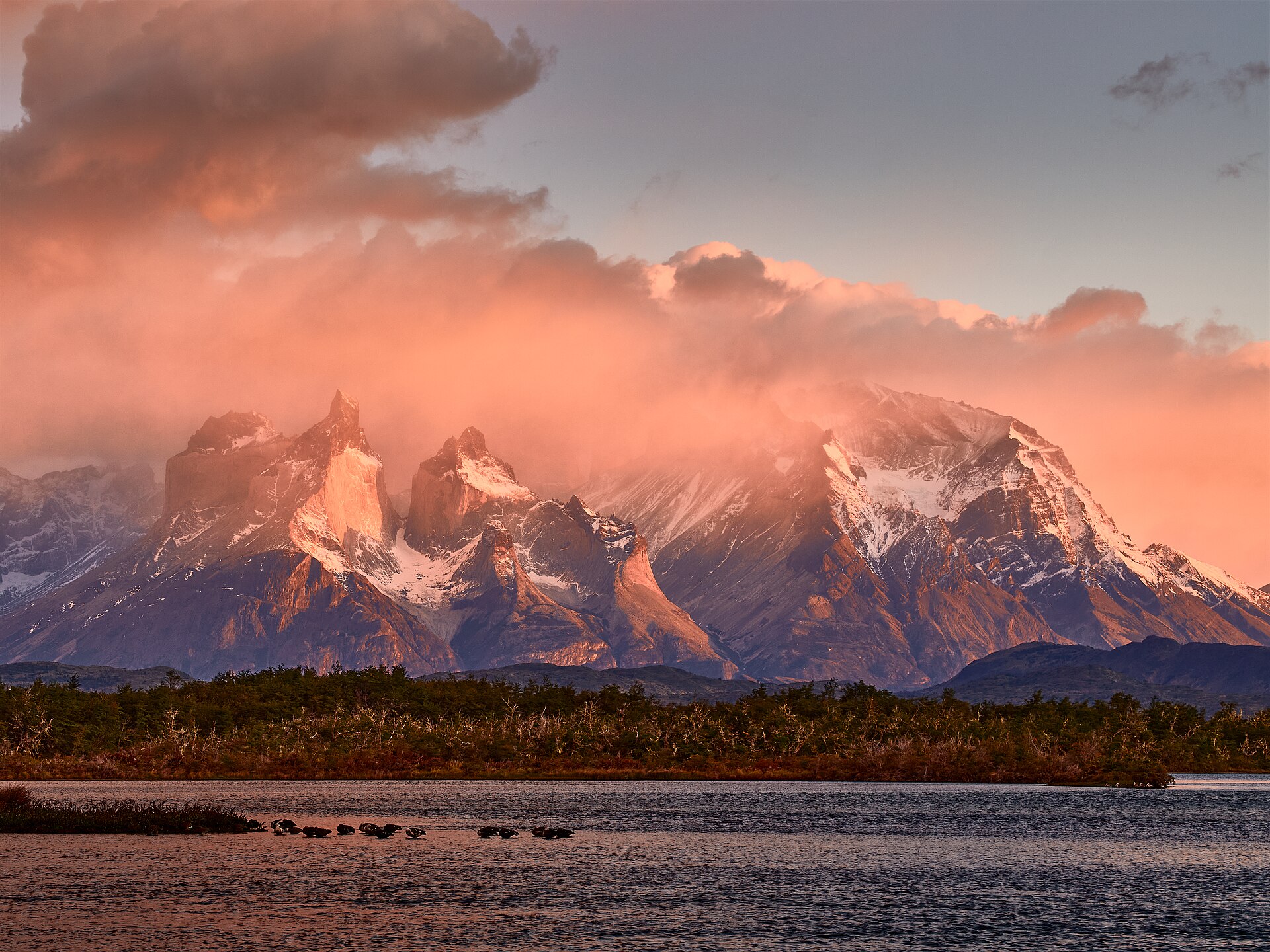 The Cuernos del Paine granite peaks above Lake Pehoe in Torres del Paine National Park