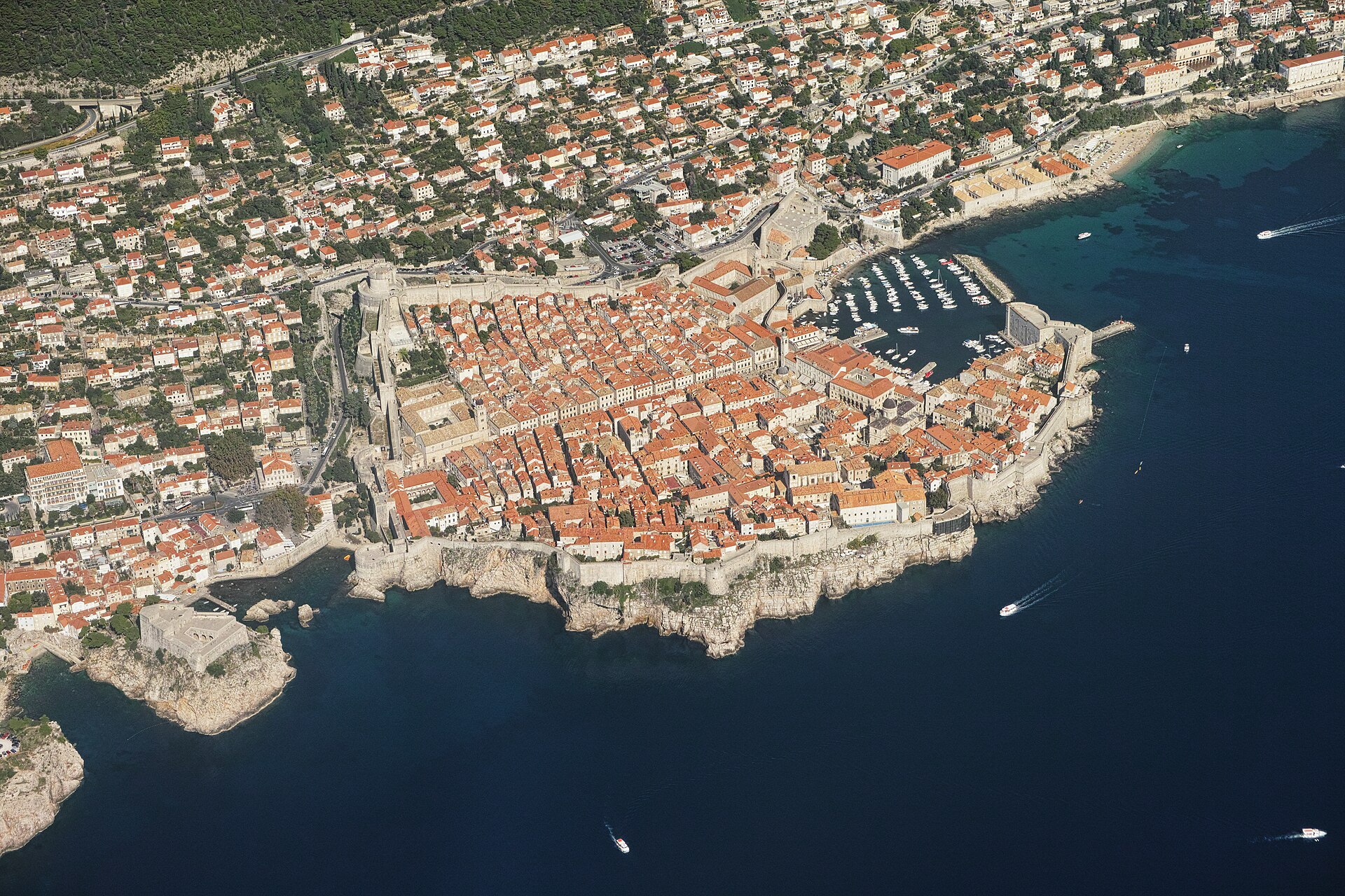 Aerial view of the walled Old Town of Dubrovnik in southern Croatia