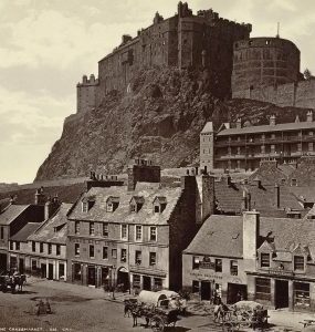 Edinburgh Castle seen on its volcanic crag above the Grassmarket
