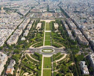 The Eiffel Tower seen from the Champ de Mars in Paris
