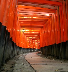 Rows of vermilion torii gates on the hillside path at Fushimi Inari shrine in southern Kyoto