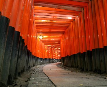 Rows of vermilion torii gates on the hillside path at Fushimi Inari shrine in southern Kyoto