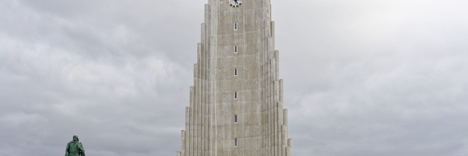 Hallgrimskirkja church rising above central Reykjavik