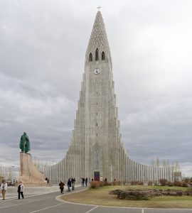 Hallgrimskirkja church rising above central Reykjavik