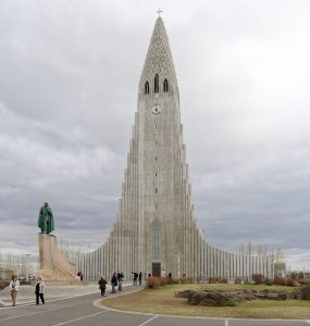 Hallgrimskirkja church rising above central Reykjavik