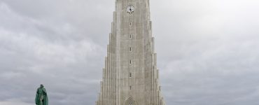 Hallgrimskirkja church rising above central Reykjavik