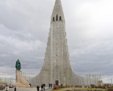 Hallgrimskirkja church rising above central Reykjavik
