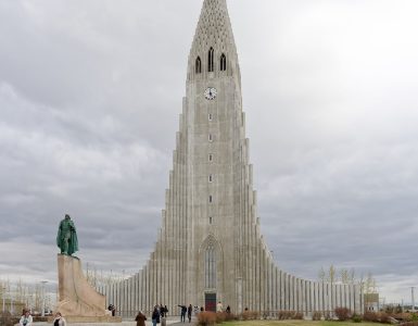 Hallgrimskirkja church rising above central Reykjavik