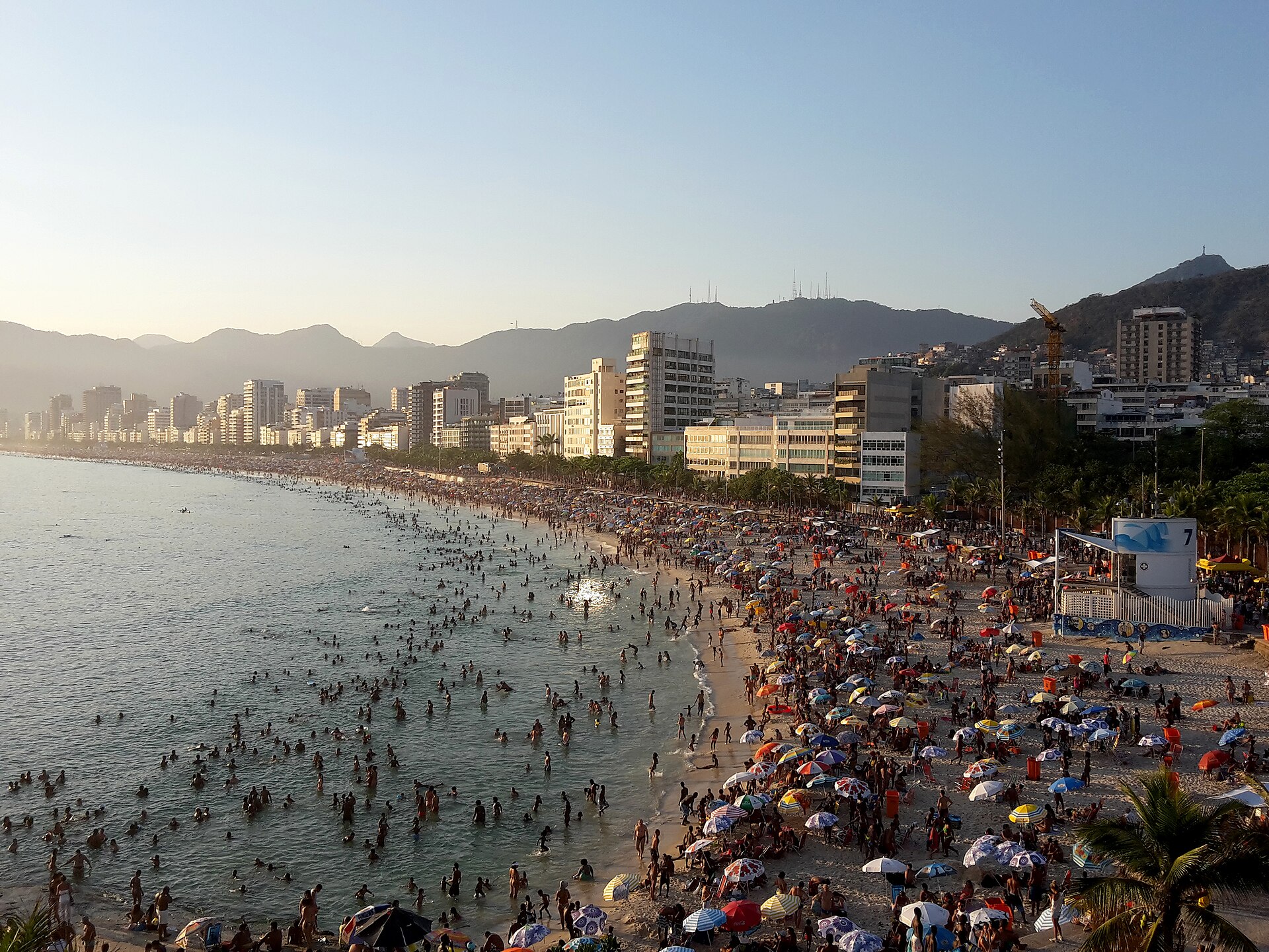Ipanema beach in Rio de Janeiro with lifeguard posto tower and Dois Irmaos in the background