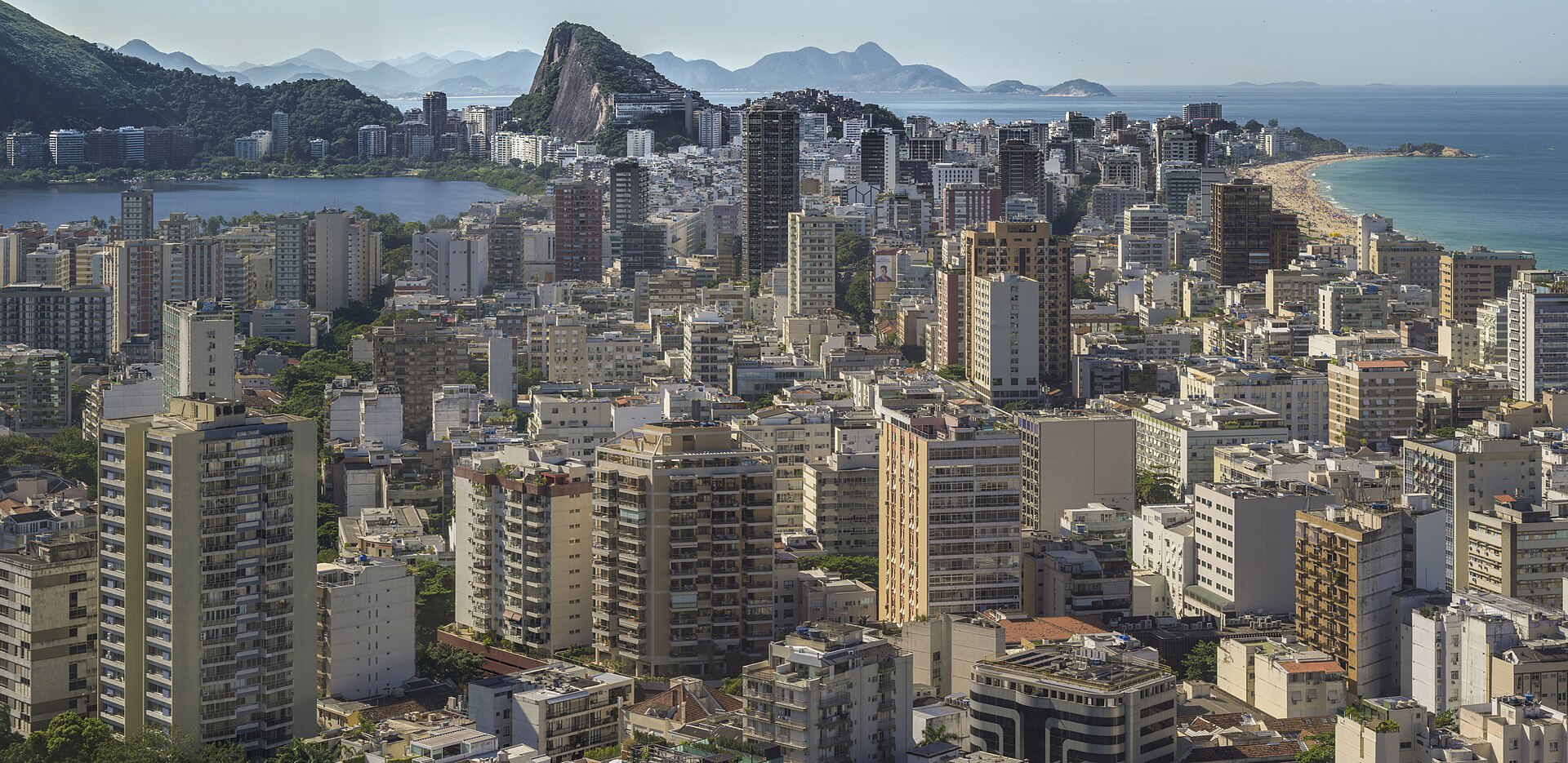 Aerial view of Ipanema and Leblon beaches with Lagoa Rodrigo de Freitas behind them