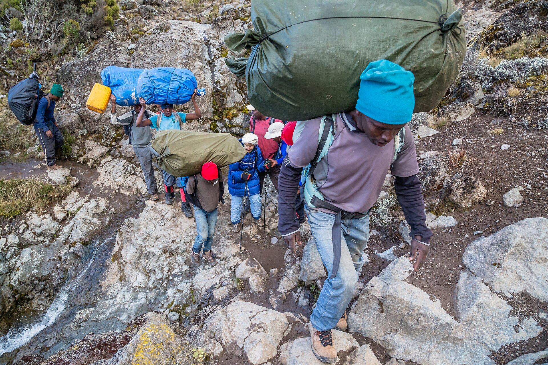 Porters carrying loads up the Barranco Wall on Mount Kilimanjaro