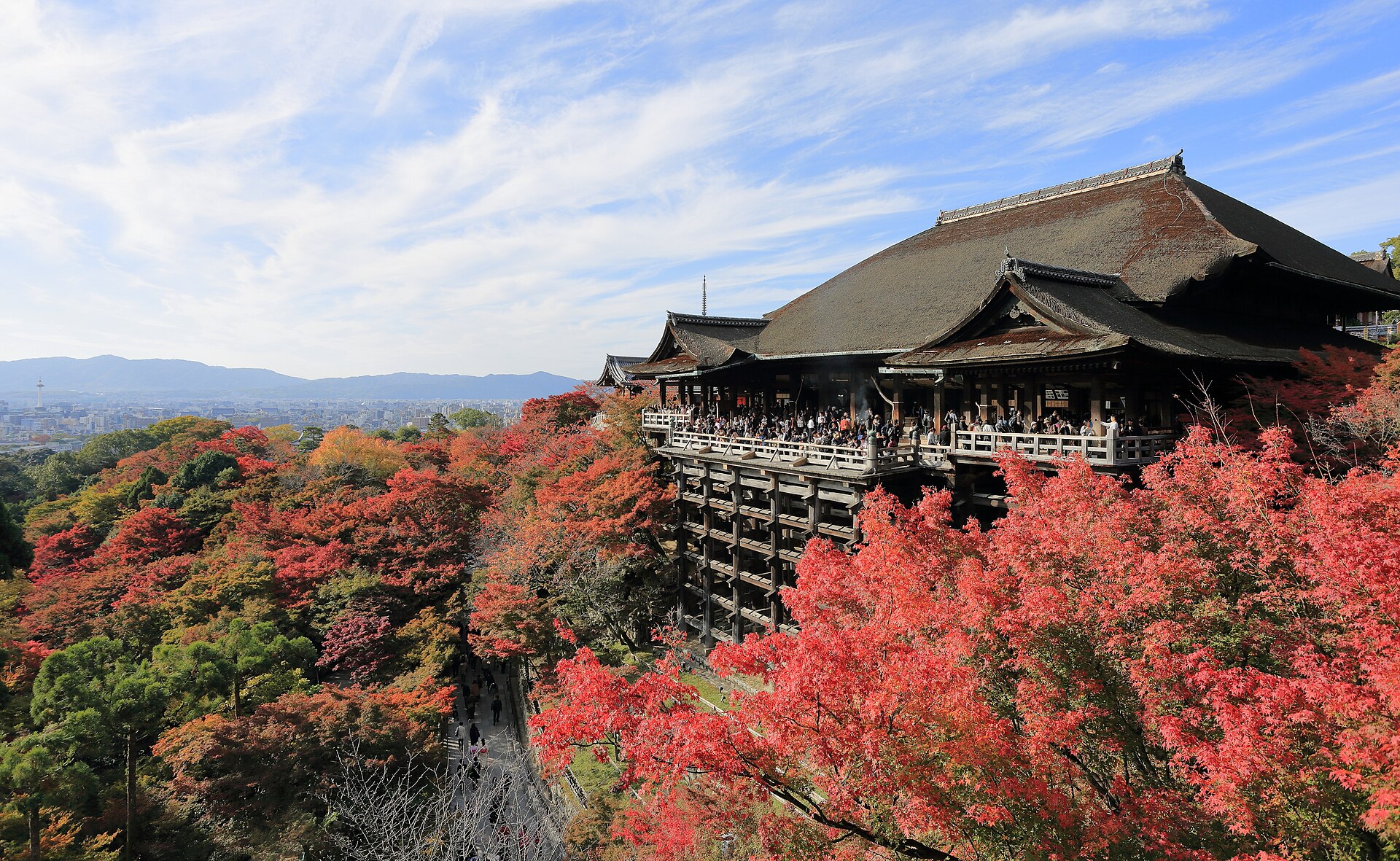 The wooden stage of Kiyomizu-dera temple projecting over the hillside in eastern Kyoto
