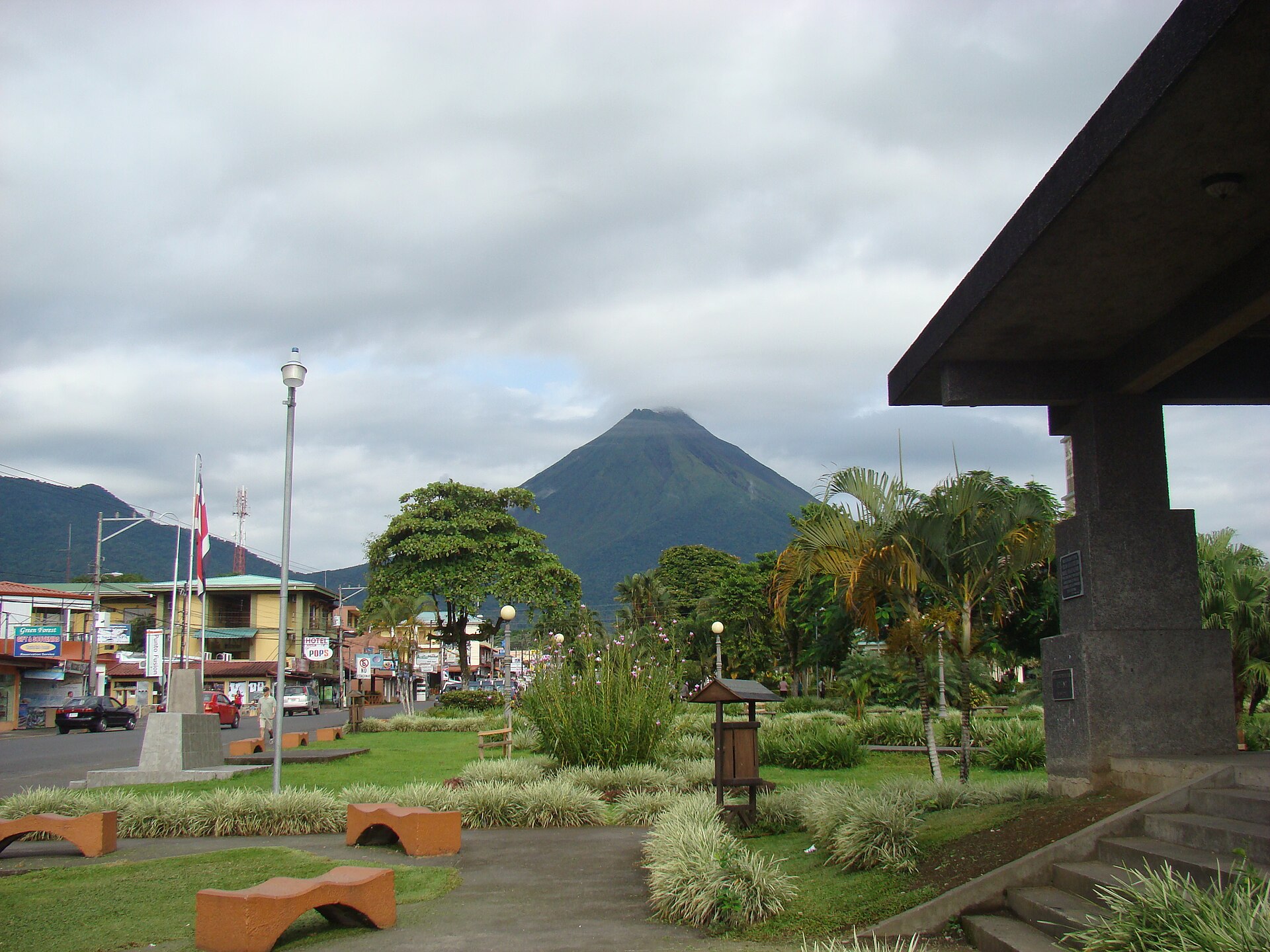The town of La Fortuna with Arenal Volcano rising behind it in Costa Rica