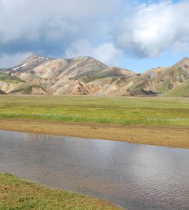 Coloured rhyolite mountains and hiking huts at Landmannalaugar in the Icelandic highlands