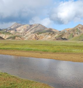 Coloured rhyolite mountains and hiking huts at Landmannalaugar in the Icelandic highlands