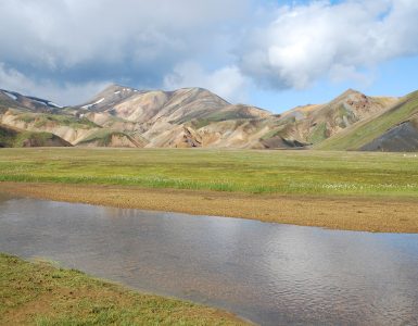 Coloured rhyolite mountains and hiking huts at Landmannalaugar in the Icelandic highlands