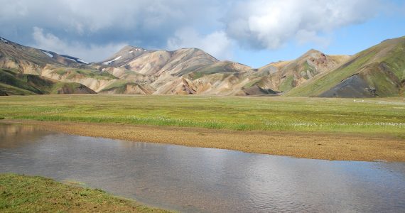 Coloured rhyolite mountains and hiking huts at Landmannalaugar in the Icelandic highlands