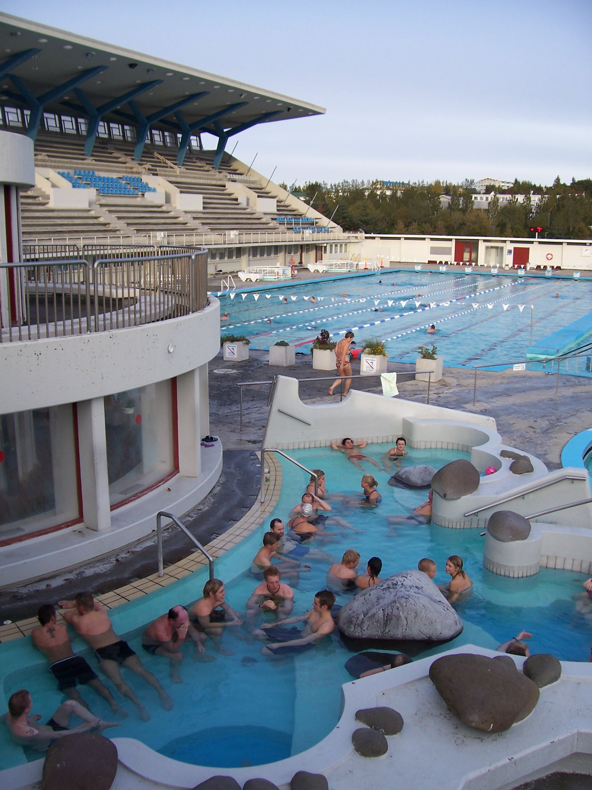 The outdoor geothermal pool at Laugardalslaug in Reykjavik