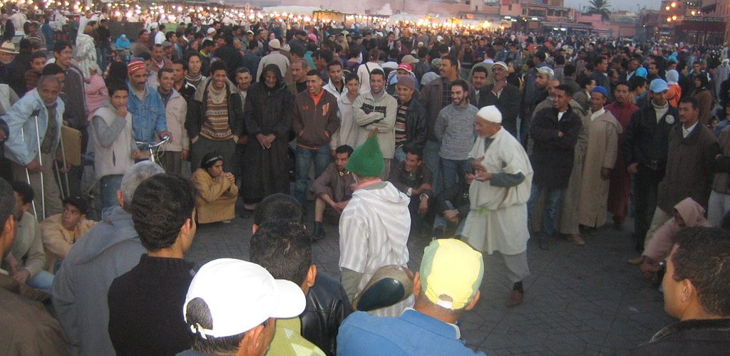 Jemaa el-Fnaa square in Marrakech at dusk