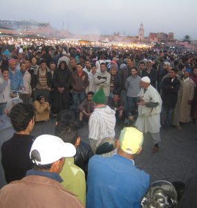 Jemaa el-Fnaa square in Marrakech at dusk