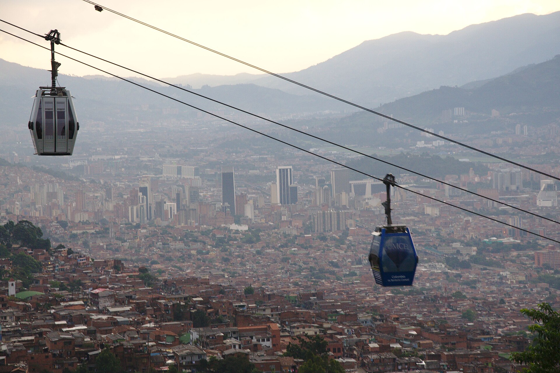A Metrocable gondola above the hillside neighbourhoods of Medellin