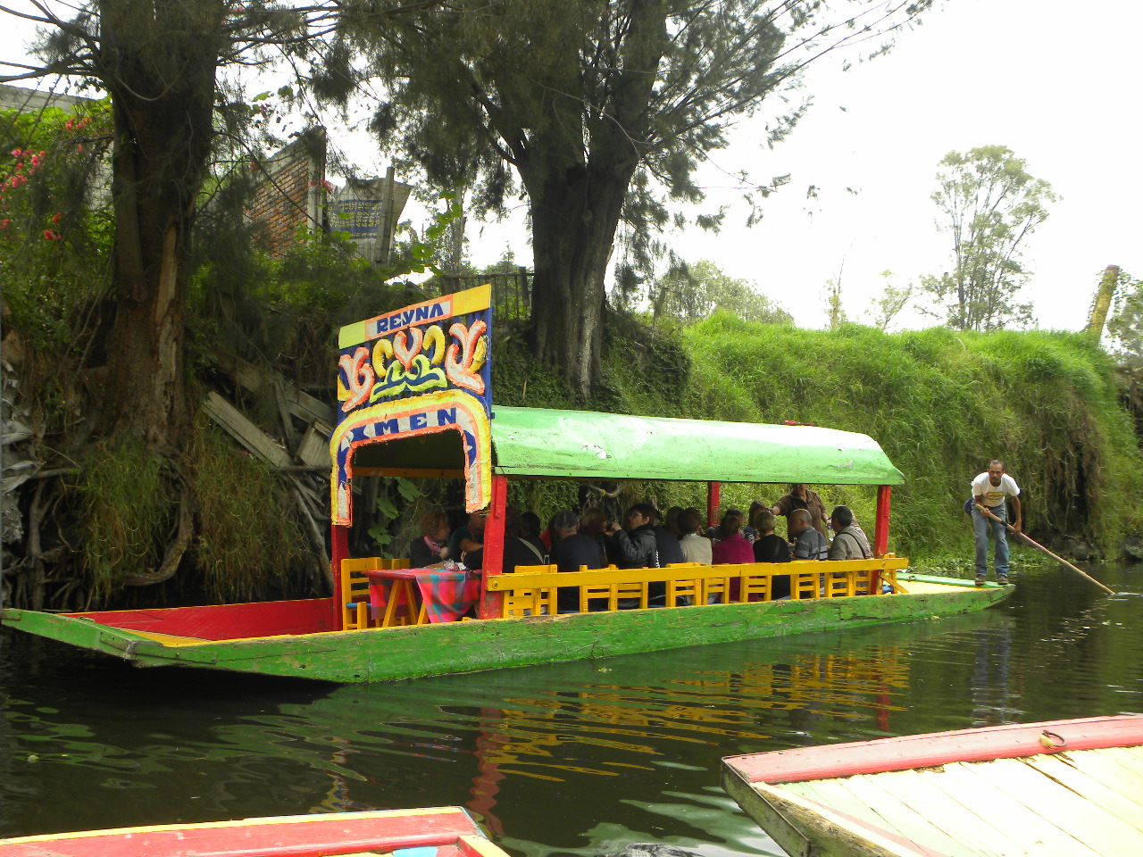 Brightly painted trajinera boats on the canals of Xochimilco