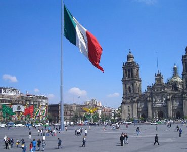 The Zócalo, Mexico City’s vast main square, with the Metropolitan Cathedral behind it