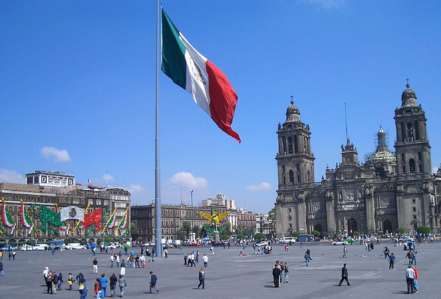 The Zócalo, Mexico City’s vast main square, with the Metropolitan Cathedral behind it