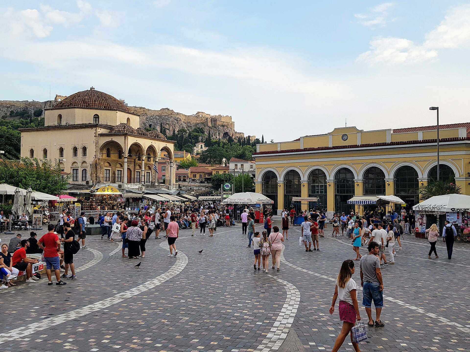 Monastiraki Square in Athens with the Acropolis rising behind it