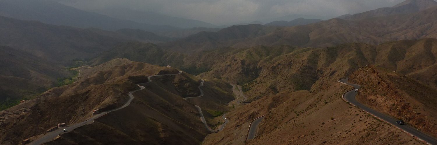 The switchbacks of the Tizi n Tichka pass climbing through the High Atlas mountains in Morocco