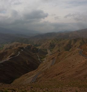 The switchbacks of the Tizi n Tichka pass climbing through the High Atlas mountains in Morocco