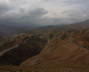 The switchbacks of the Tizi n Tichka pass climbing through the High Atlas mountains in Morocco