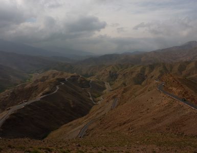 The switchbacks of the Tizi n Tichka pass climbing through the High Atlas mountains in Morocco