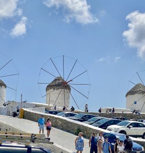 The row of whitewashed windmills above Chora on Mykonos