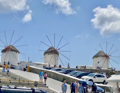 The row of whitewashed windmills above Chora on Mykonos